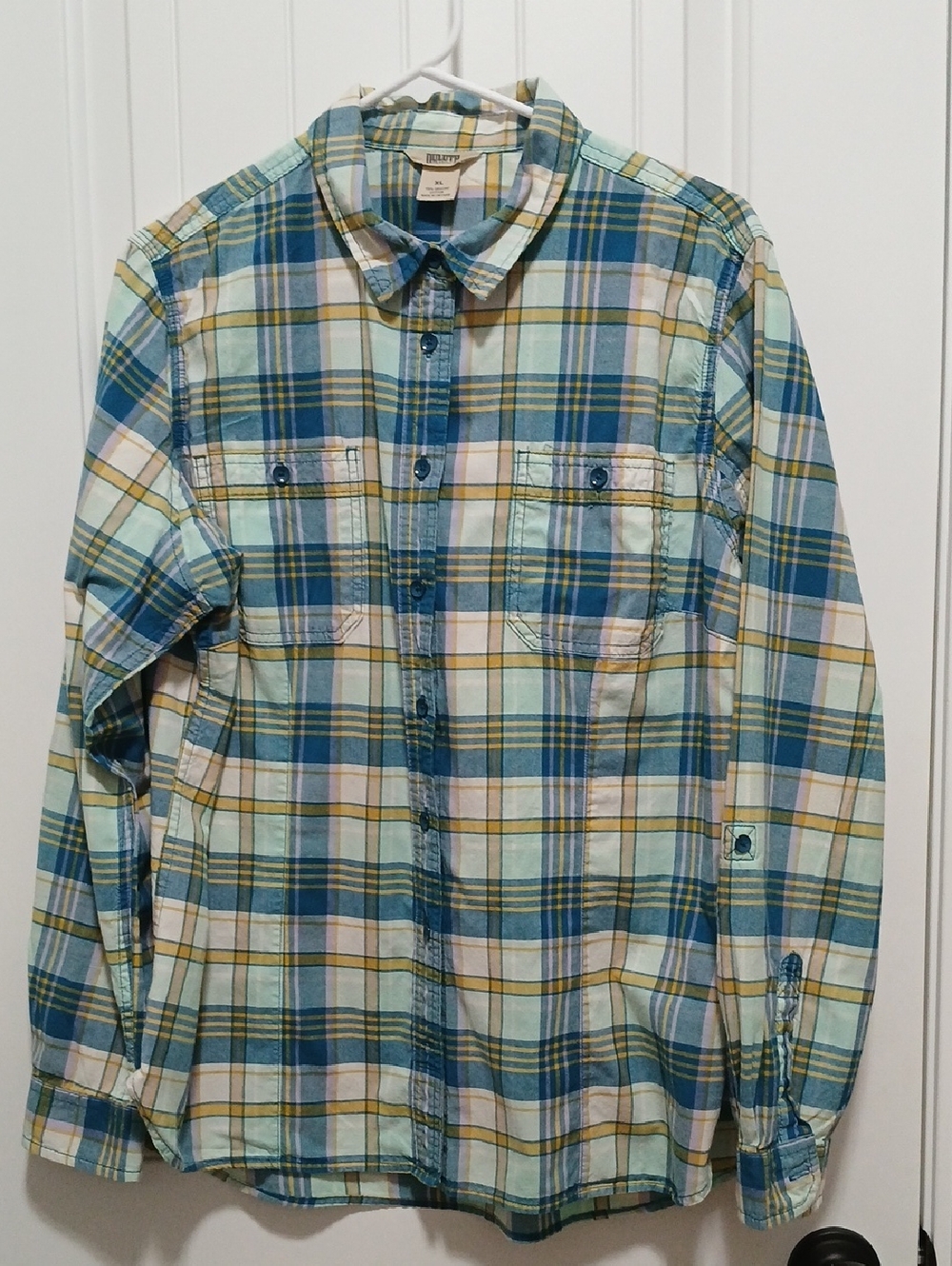 Duluth Trading Co Plaid Button-Down Shirt in Blue, Green, White, Yellow